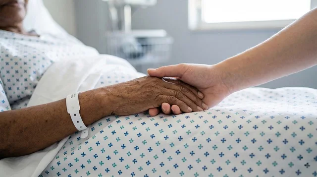 hands, holding hands, hospital, care, support, empathy, patient, medical care, compassion, recovery, bandages, elderly, family, emotional bond, comfort, touch, kindness. Healthcare reputation management: CQC and patient feedback rules