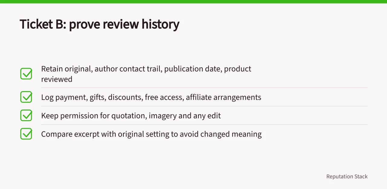 Checklist for proving a review's history and commercial interests (Reputation management: five checks for review-led advertising rules)